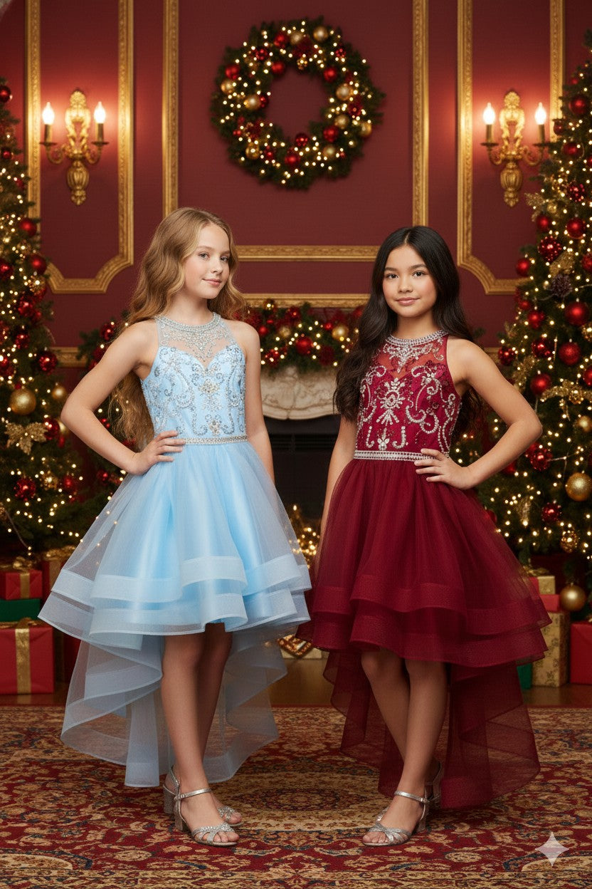 #5101 Party Dress with Halter neckline with pearls and jewel beaded, rhinestone and sequin bodice