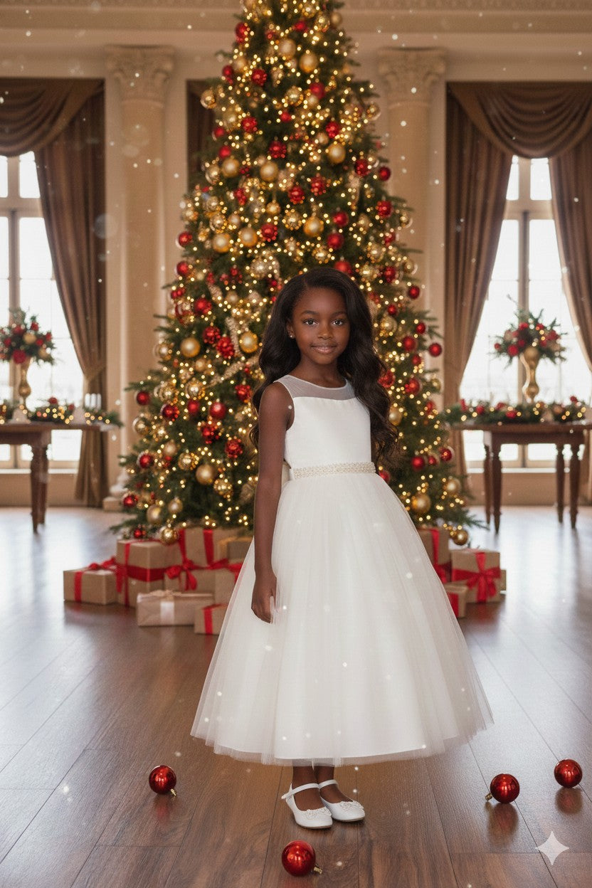 Style No. 411-S Pearl Rhinestone Satin Tulle Dress