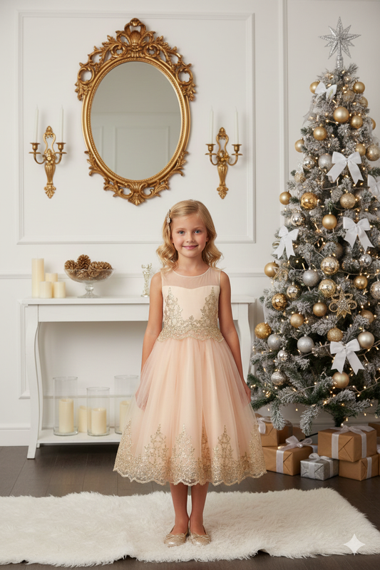 552 Embellished Gold Cording Embroidered Girls Dress