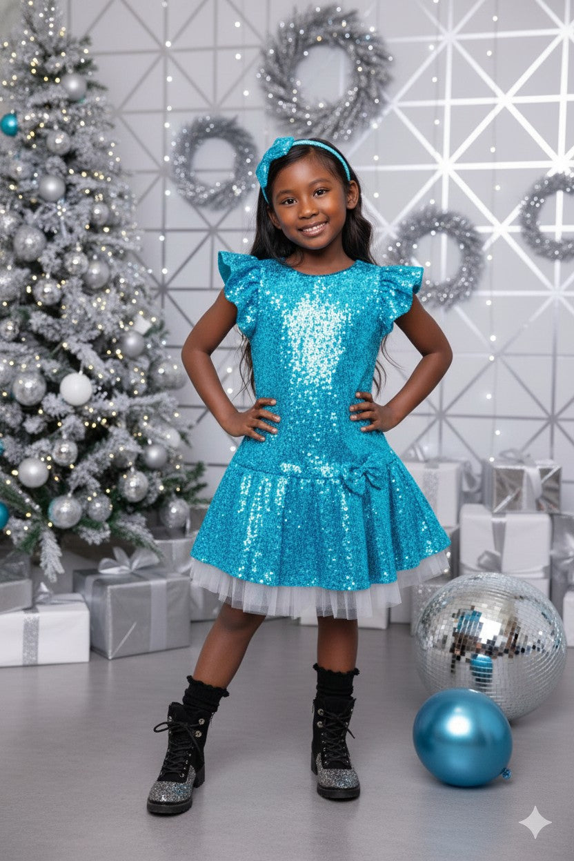 Sequin Ruffle Sleeve Tutu Dress/Blue