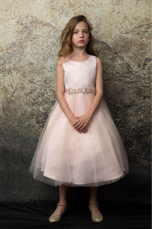 Satin and Tulle dress with Sparkly Rhinestone belt with satin sash Style #208