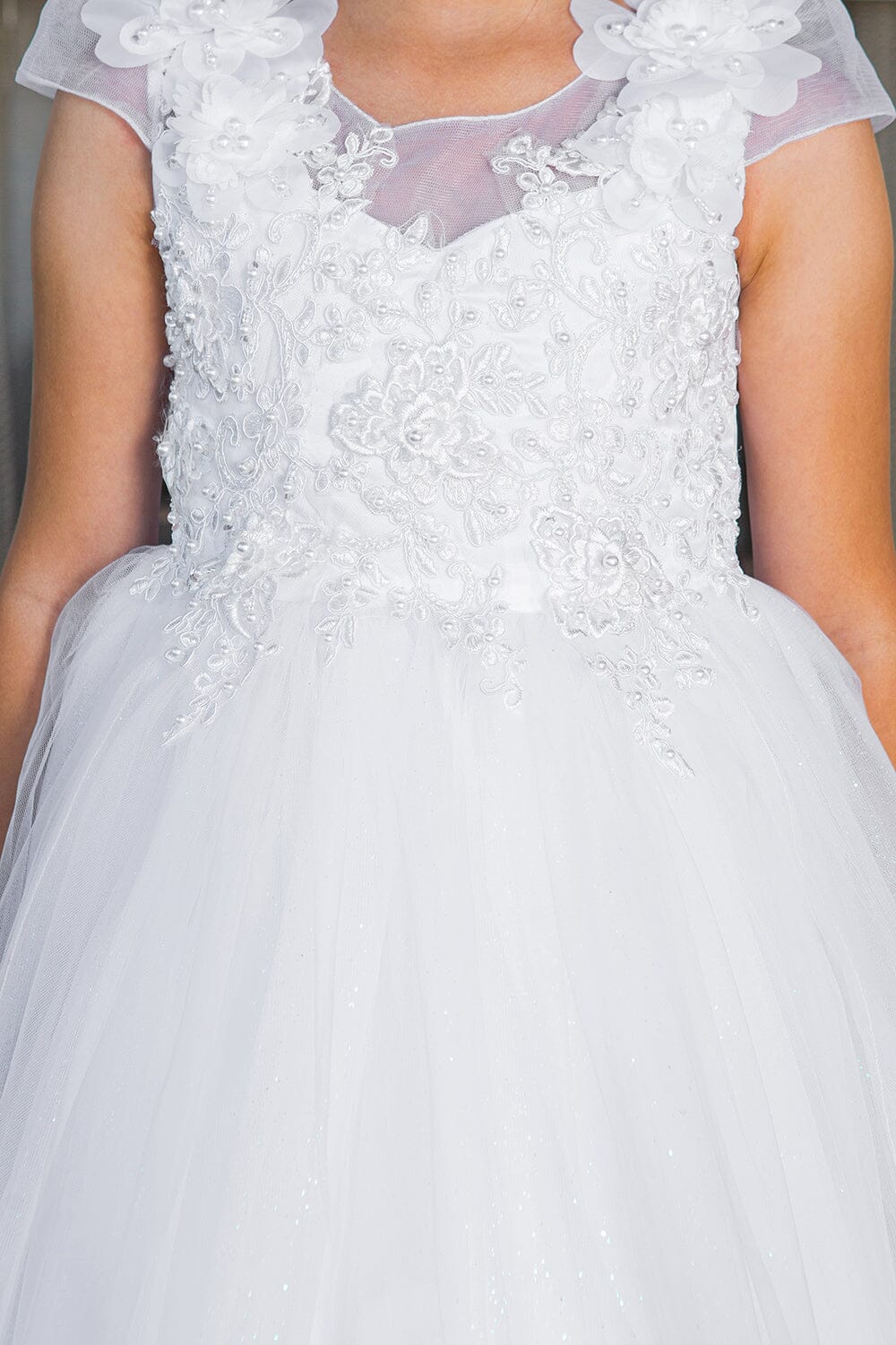 STYLE NO : 2018 Beautiful shinny crystal tulle cap sleeve T-length communion dress with beads and laces, back satin sash, adorned with 3D flower lace.