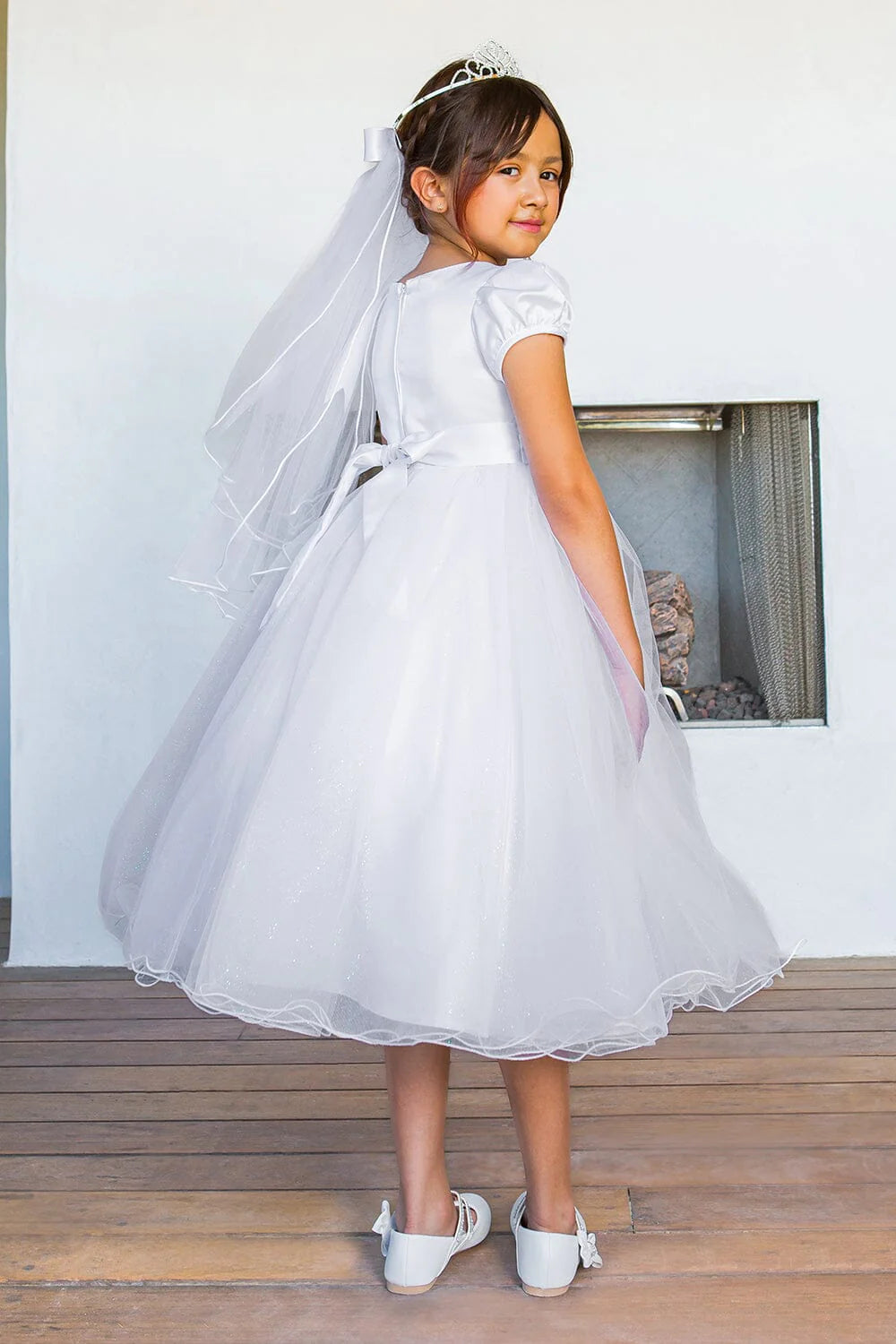 Style# 2016 Elegant satin cap sleeve T-length communion dress with beads and laces, back satin sash