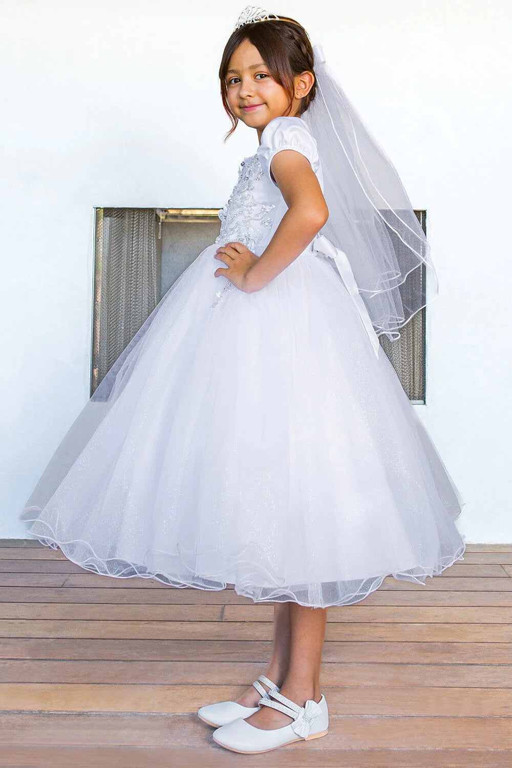 Style# 2016 Elegant satin cap sleeve T-length communion dress with beads and laces, back satin sash