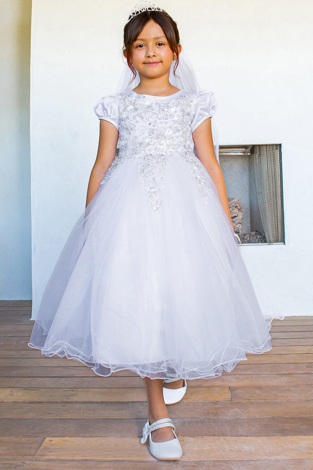 Style# 2016 Elegant satin cap sleeve T-length communion dress with beads and laces, back satin sash