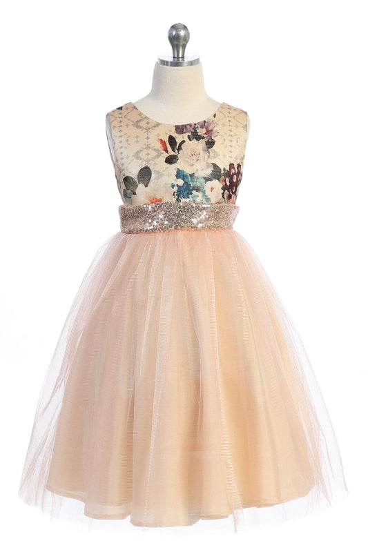 Style No. 520 Vintage Floral Rose Gold Sequin Back V Dress