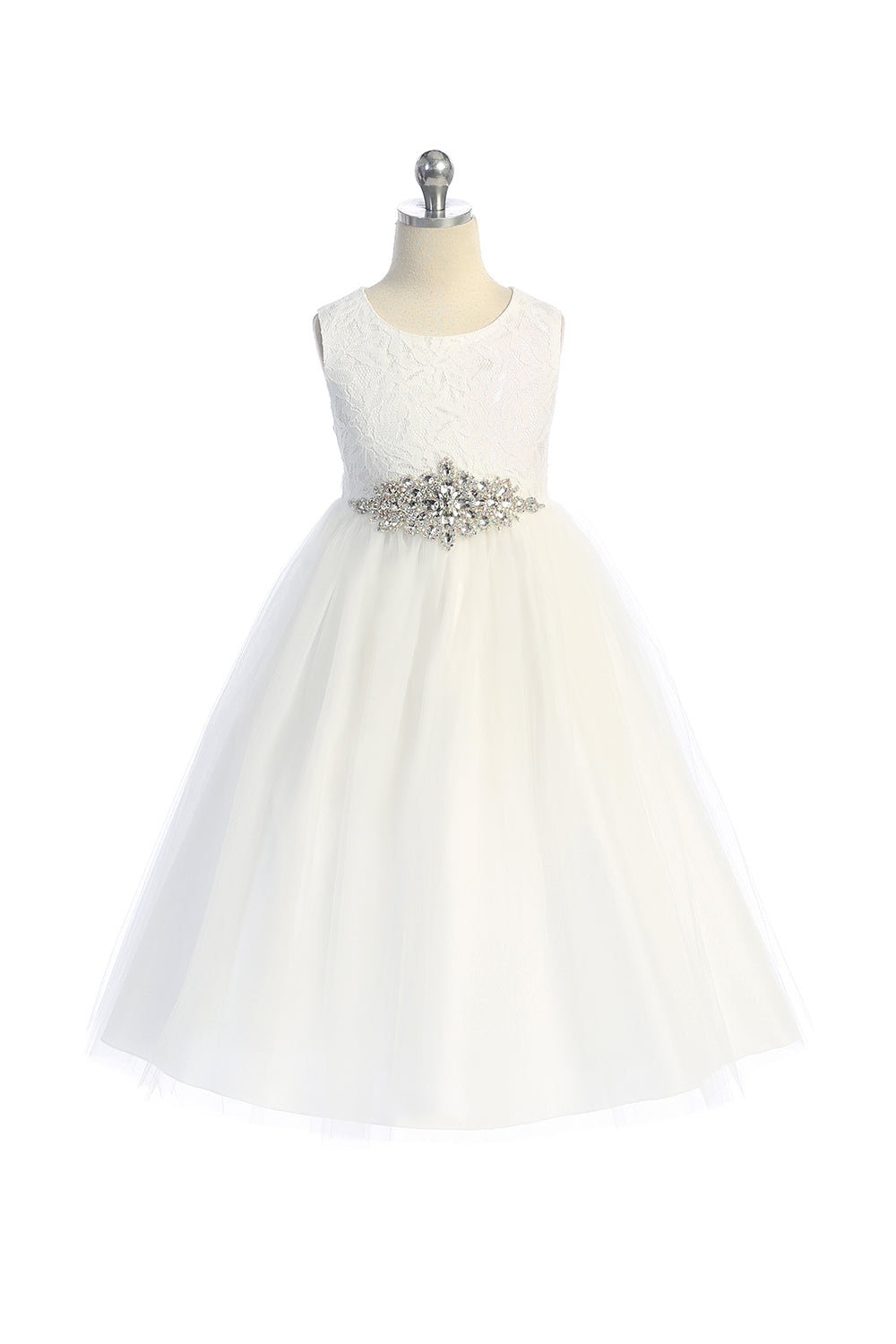 Style No. 524-D Long Lace Dress w/ Diamond Shape Rhinestone Trim