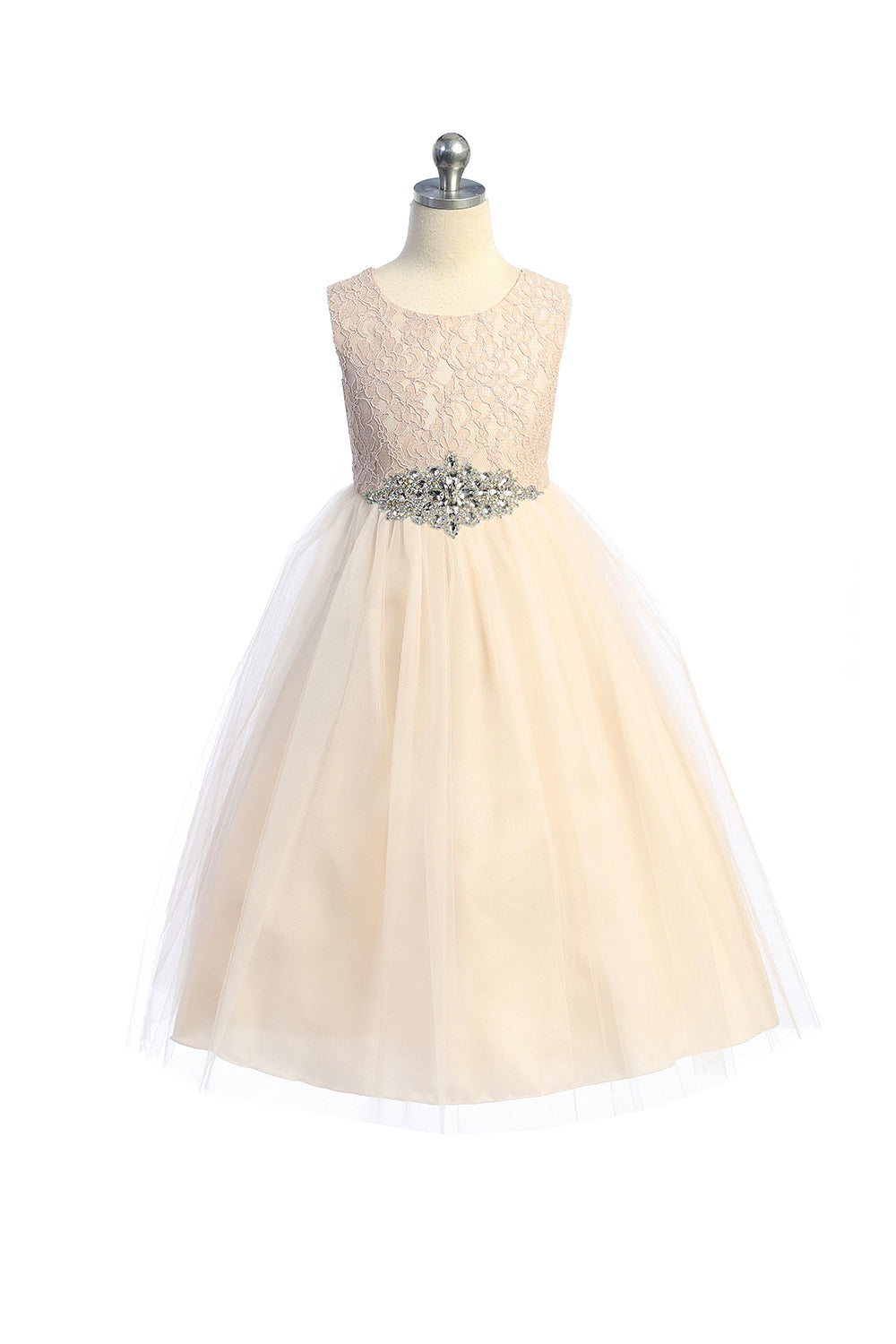 Style No. 524-D Long Lace Dress w/ Diamond Shape Rhinestone Trim